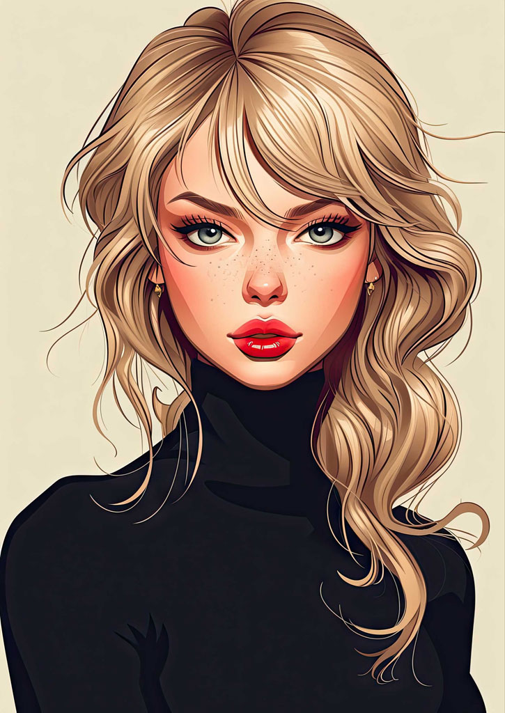 Illustration of a blonde woman with blue eyes and red lips in a black turtleneck.