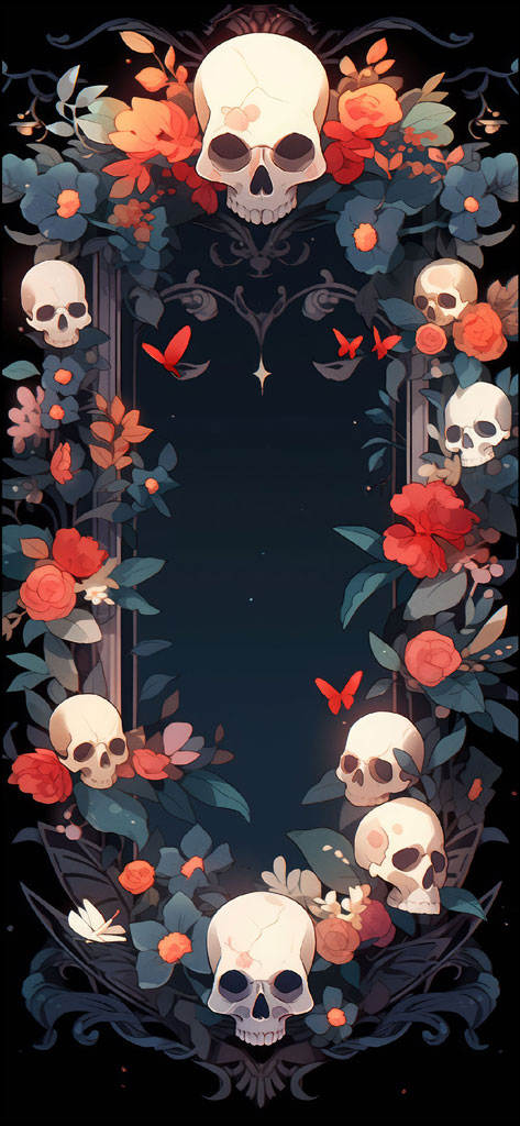 A dark floral frame with skulls and butterflies
