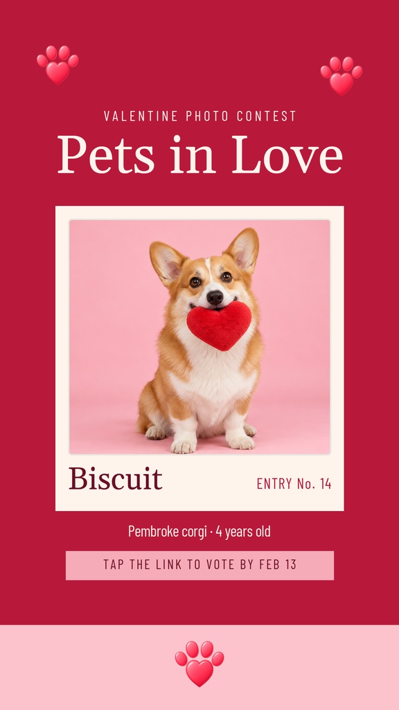 Pink Instagram story template featuring a corgi holding a red heart with pet contest text.