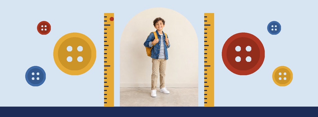 Child standing between rulers with colorful button graphics on a blue page cover layout