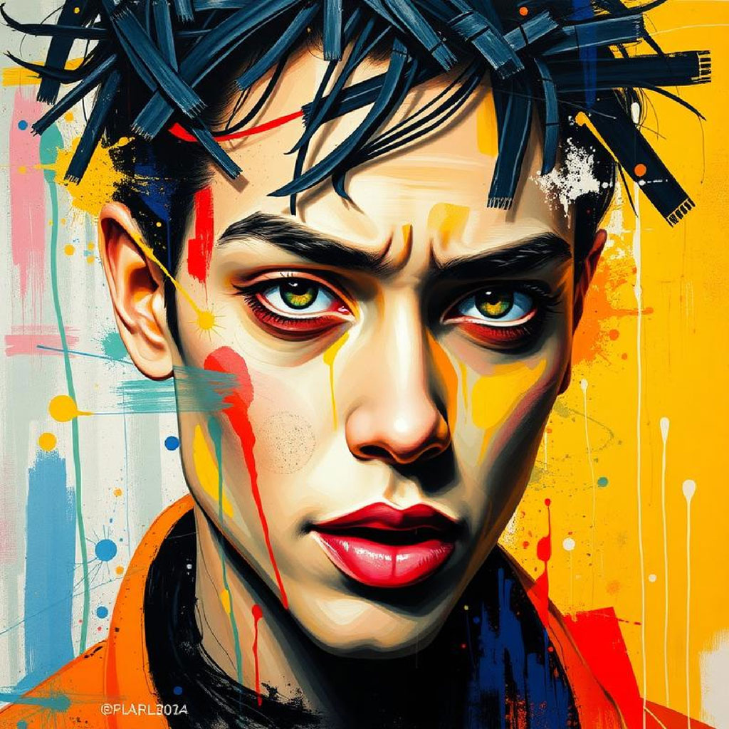A digital painting of a young man with paint splattered on his face and hair.