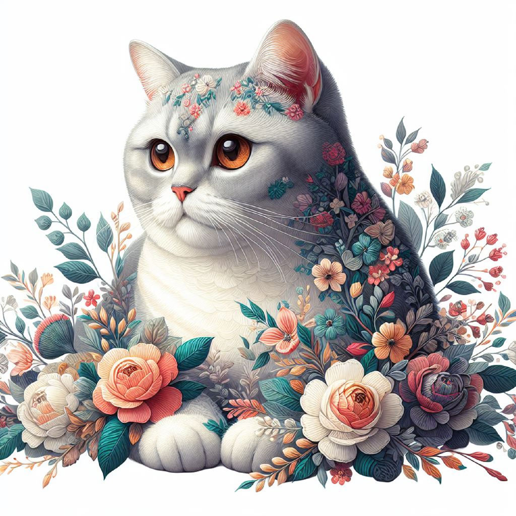 Illustration of a white cat with yellow eyes surrounded by pink and orange flowers