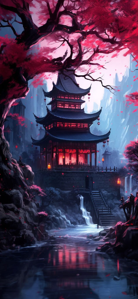 A majestic Asian-style temple with a pagoda roof near a waterfall and pink flowering trees