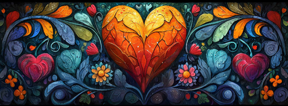 A stylized heart artwork with orange, red, and yellow hues amidst blue-green foliage and flowers.