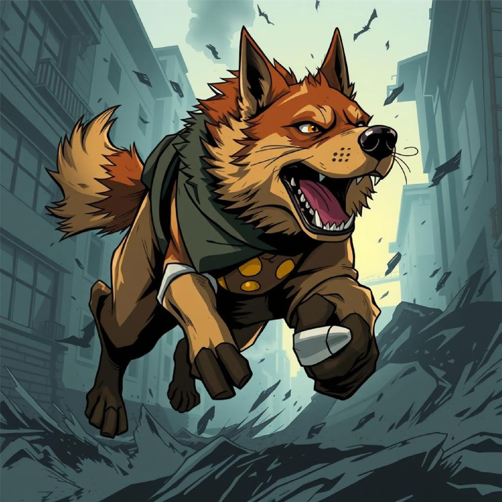 Illustration of a man with black hair wielding swords in a city with another figure in the background.