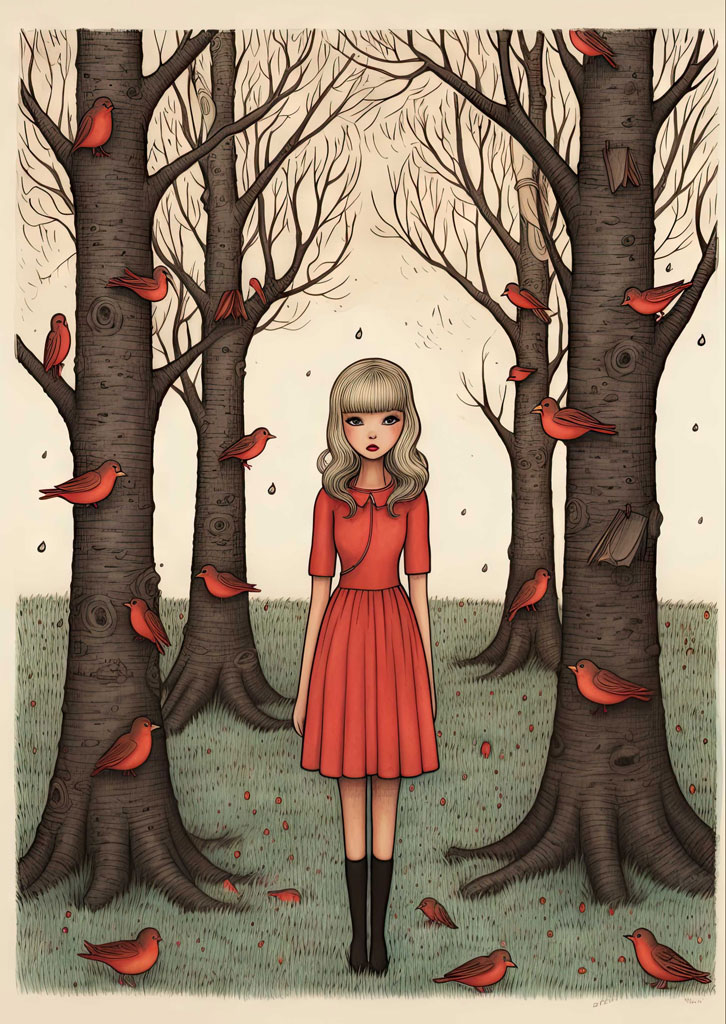 Illustration of a woman in a red dress standing in a grassy area surrounded by trees and red birds