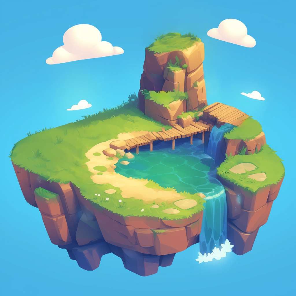 A cartoon-style illustration of a floating island with a waterfall and wooden bridge.