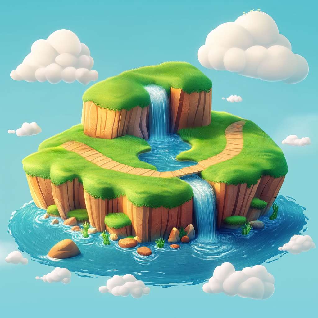 A cartoon-style illustration of a floating island with grassy terrain and waterfalls.
