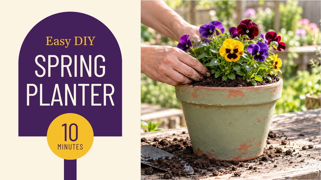 Hand placing flowers into a green planter beside a purple spring planter title panel.