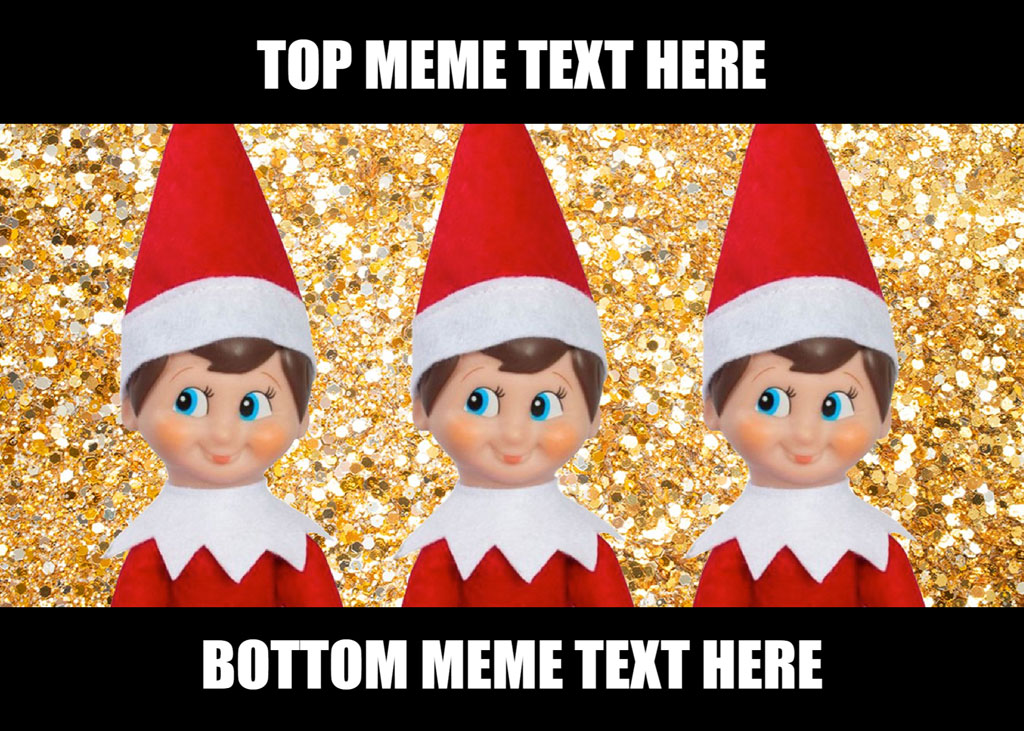 Three Elf on the Shelf dolls with red hats and white collars against a gold glitter background