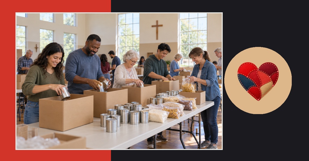 Volunteers packing donated food boxes at a church food drive with a heart emblem on the right.
