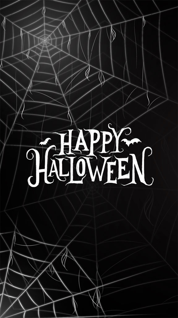 Happy Halloween greeting with spider web and bats