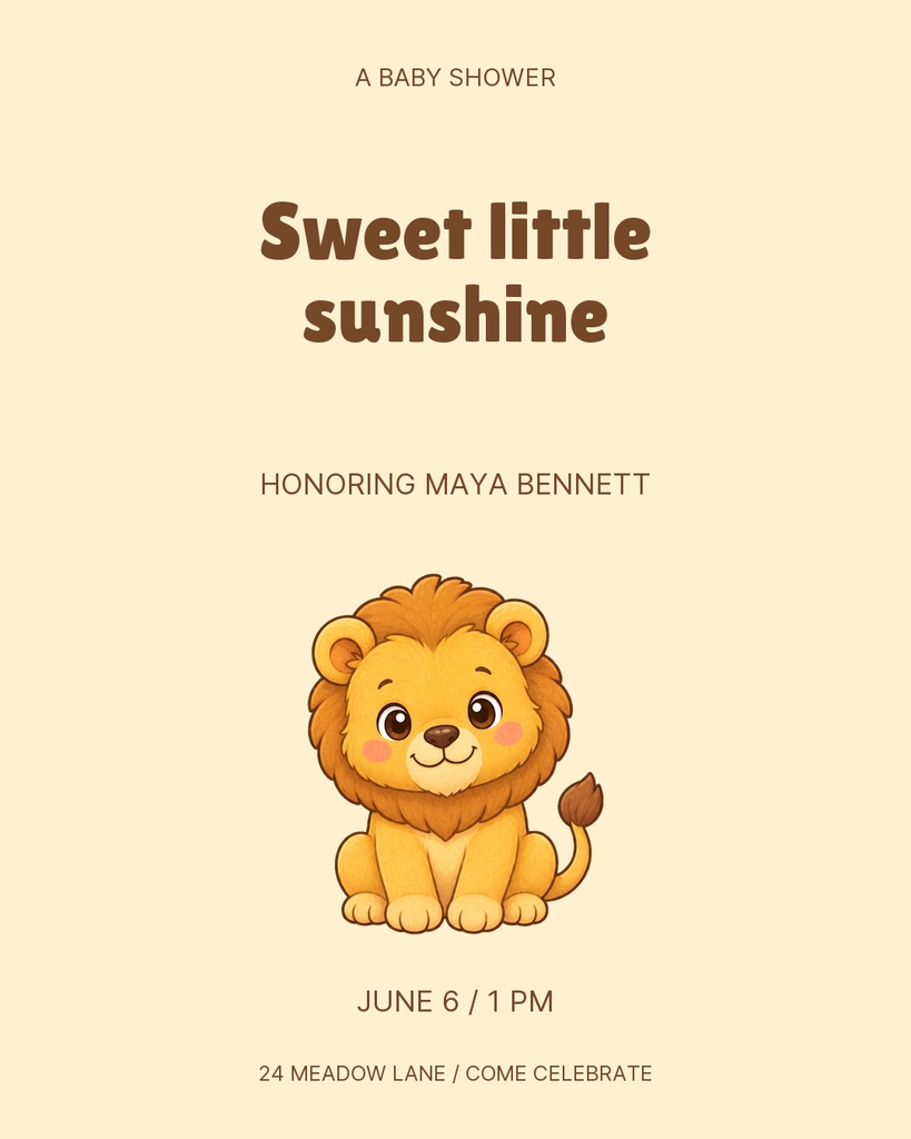 Portrait baby shower invitation with a lion illustration and warm beige background.