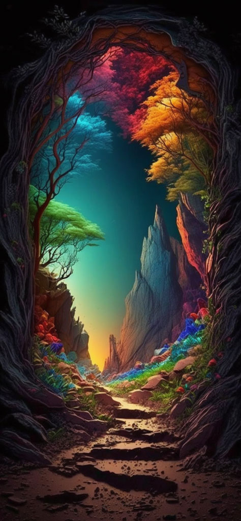 A fantasy landscape with a pathway through a rocky terrain surrounded by vibrant trees and foliage