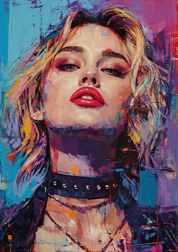 A painting of a blonde woman with her eyes closed, wearing a black choker and leather jacket, set against a blue and purple background.