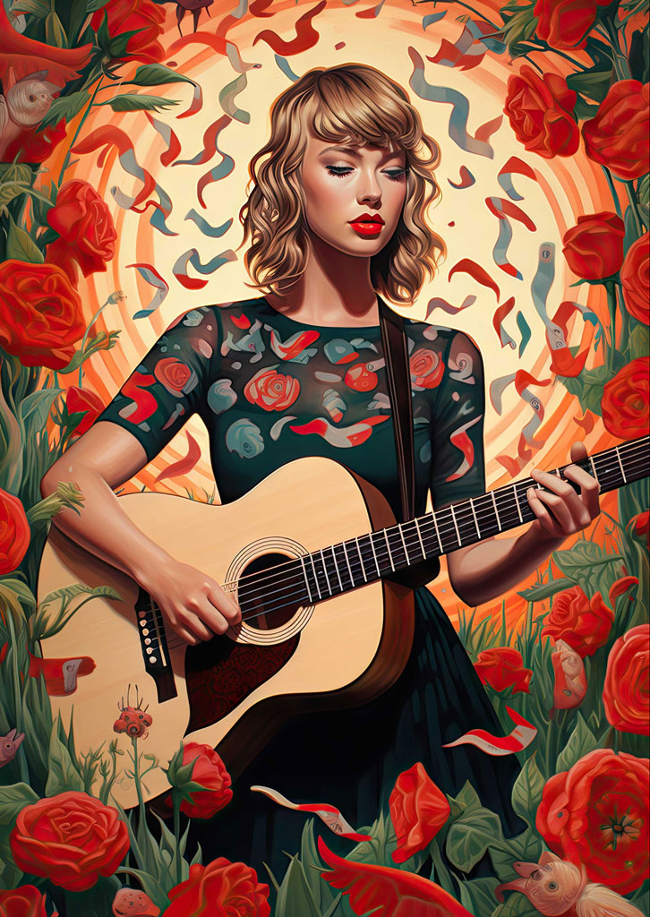 Illustration of Taylor Swift playing guitar amidst roses and colorful ribbons