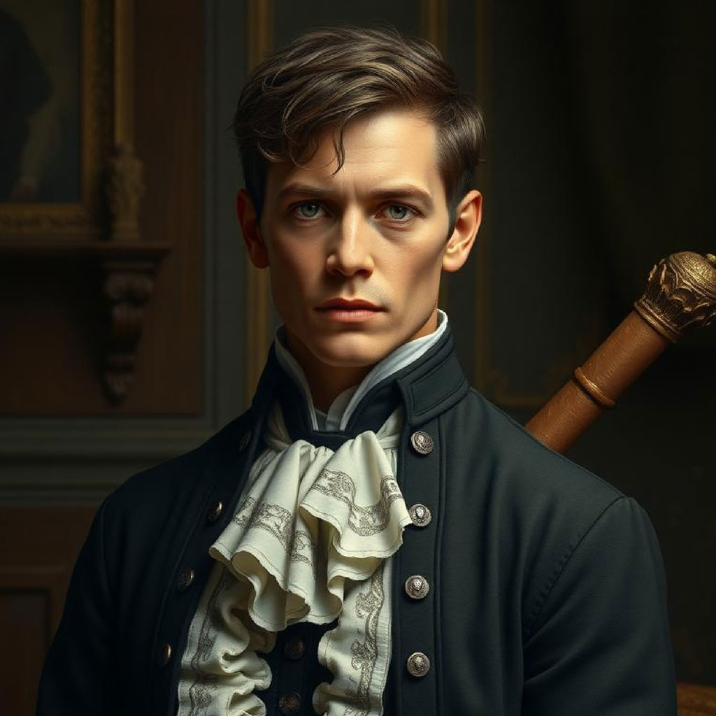 Young man in historical clothing with a sword behind his back