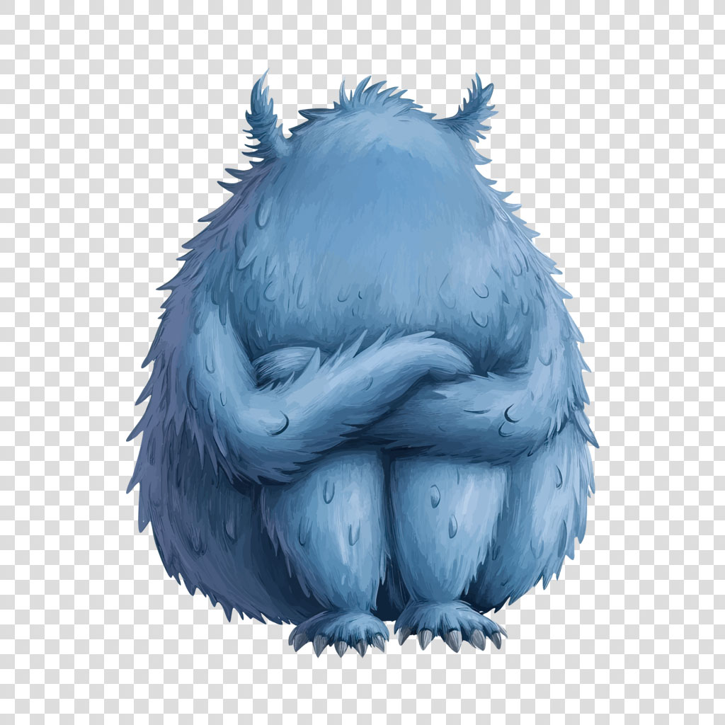 A blue, furry creature with sharp claws and horns, squatting with its arms crossed.