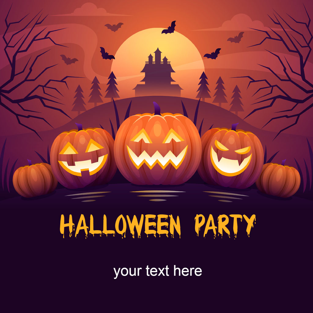 Halloween party invitation with carved pumpkins and a haunted landscape