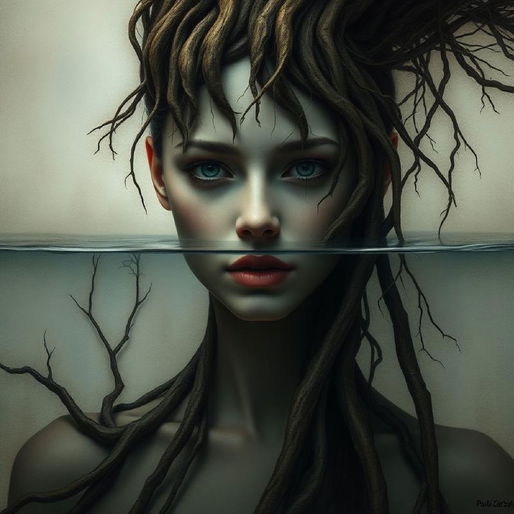 Surreal portrait of a woman with roots in her hair, partially submerged in water.