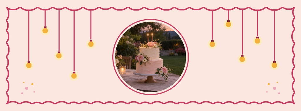 Pink sweet 16 page cover with hanging string lights and a cake photo in the center