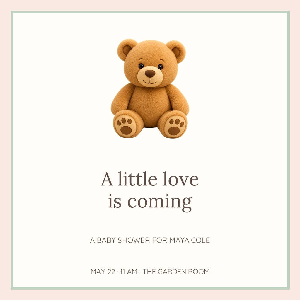Teddy bear above baby shower invitation text on a square cream template