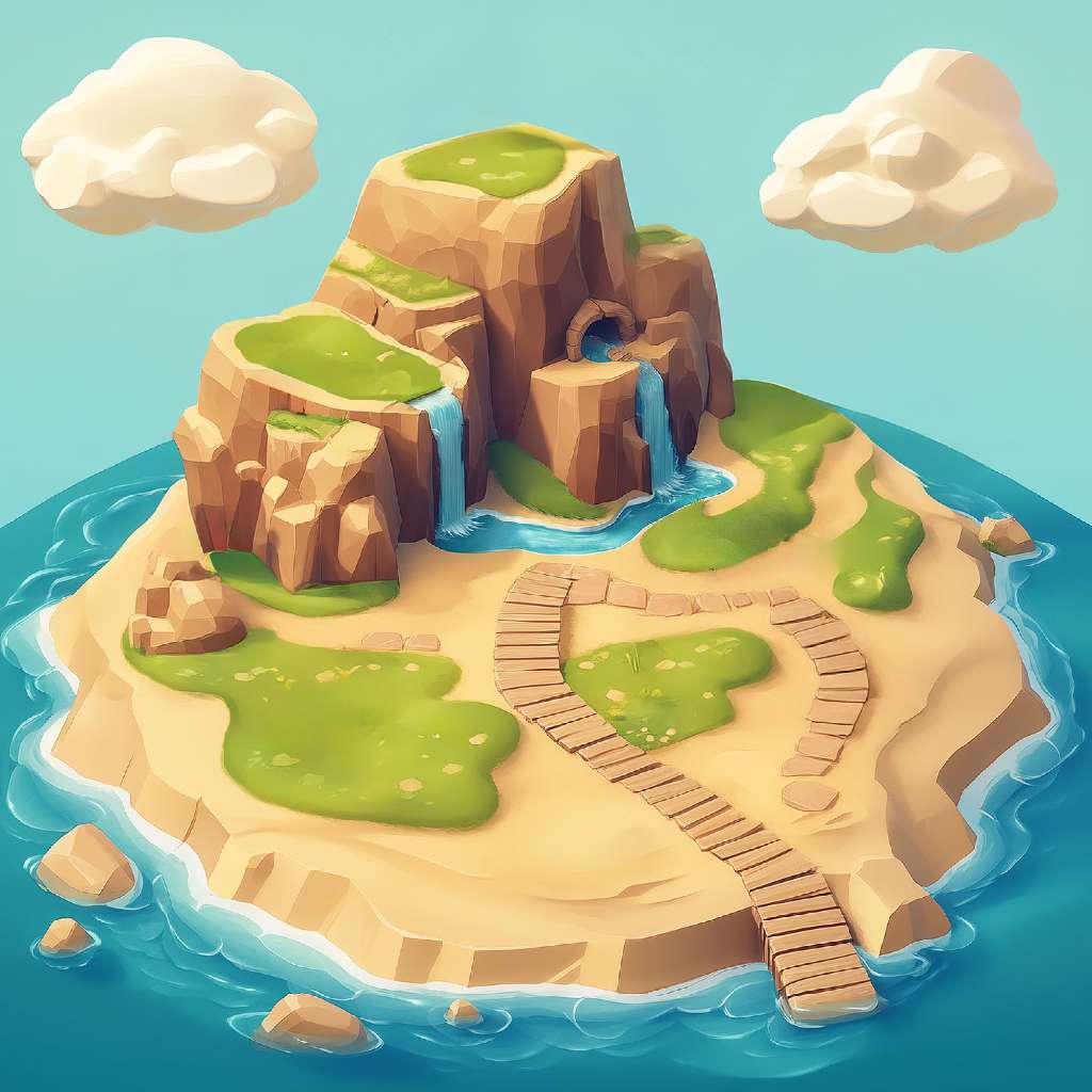 A cartoon island with a waterfall and wooden bridge