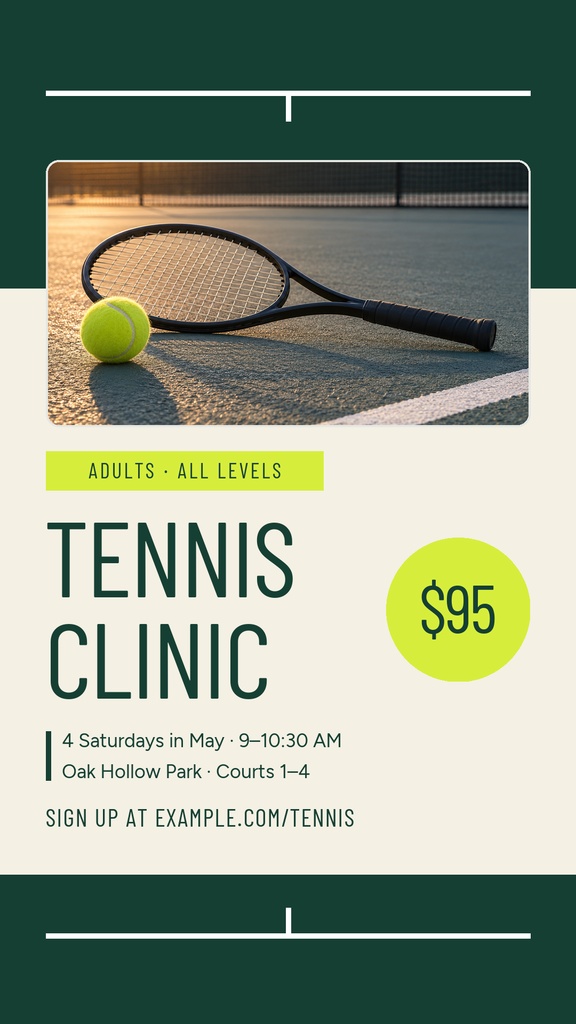 Instagram story design with a tennis racket, tennis ball, and bold adult tennis clinic text.