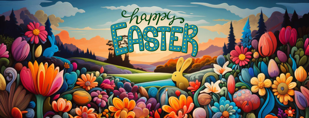 Happy Easter illustration with bunny and colorful flowers