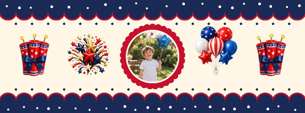 Firecracker-themed birthday cover with a child photo, balloons, and patriotic red, white, and blue accents.