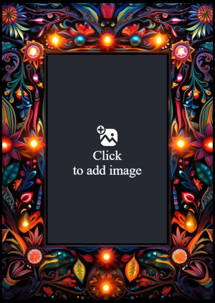 A vibrant floral frame with glowing lights surrounding a dark gray rectangular space