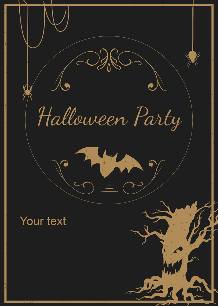 Halloween party invitation template with gold decorations and a spooky tree