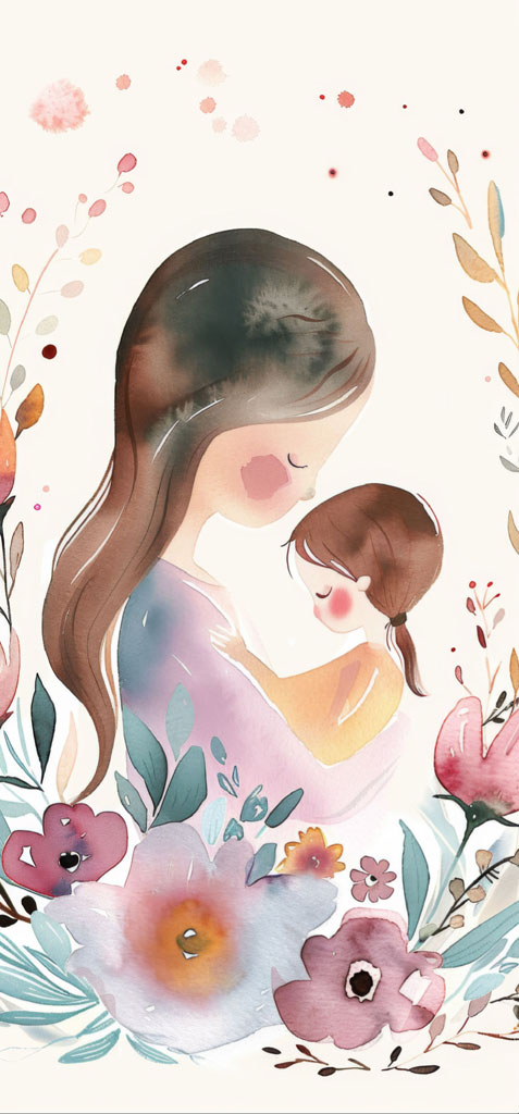 Watercolor painting of a mother and child surrounded by flowers