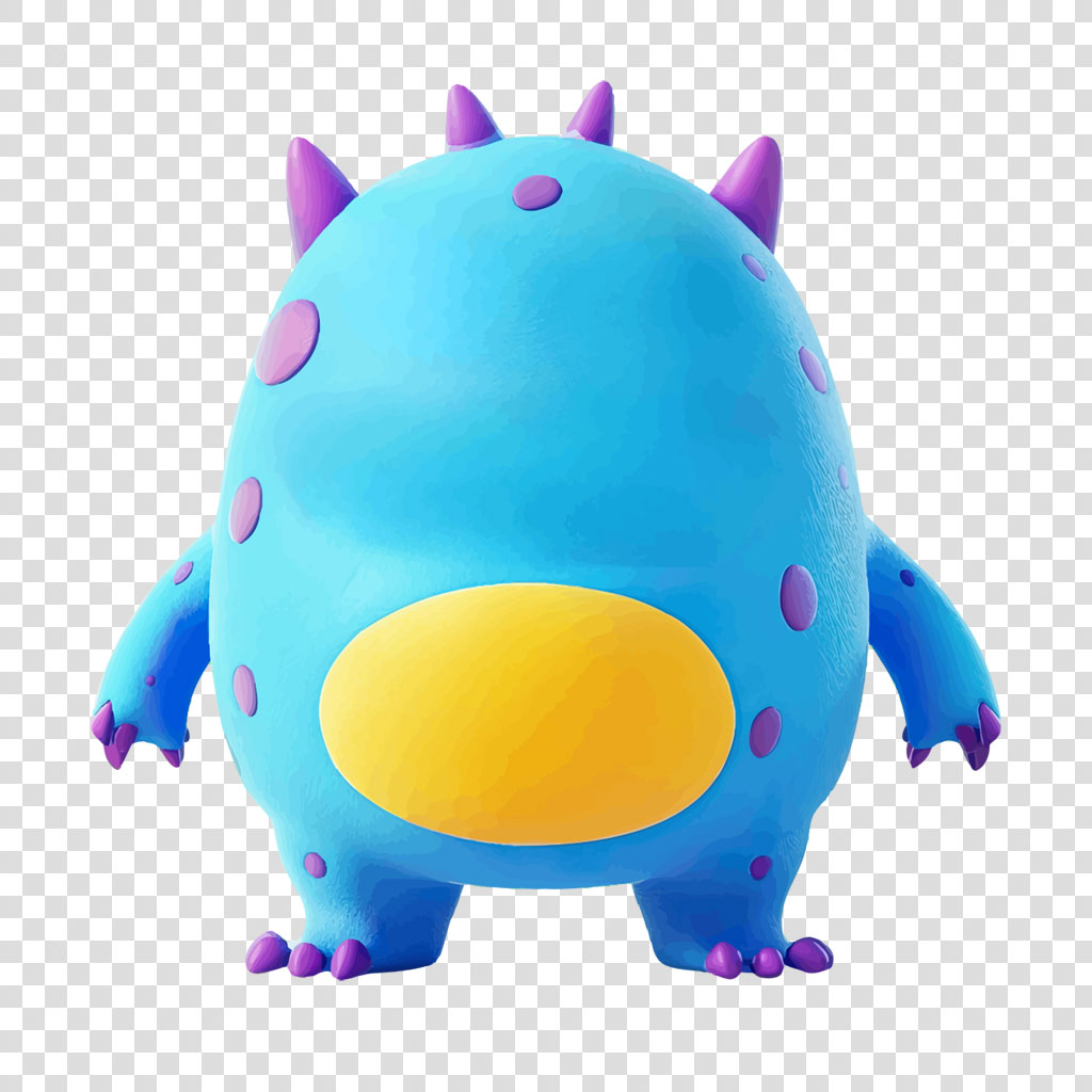 A blue monster toy with purple spikes and spots
