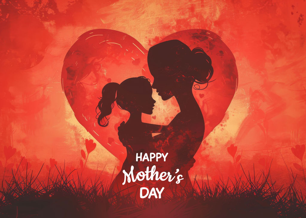 Silhouette of mother and daughter sharing a tender moment with a heart in the background