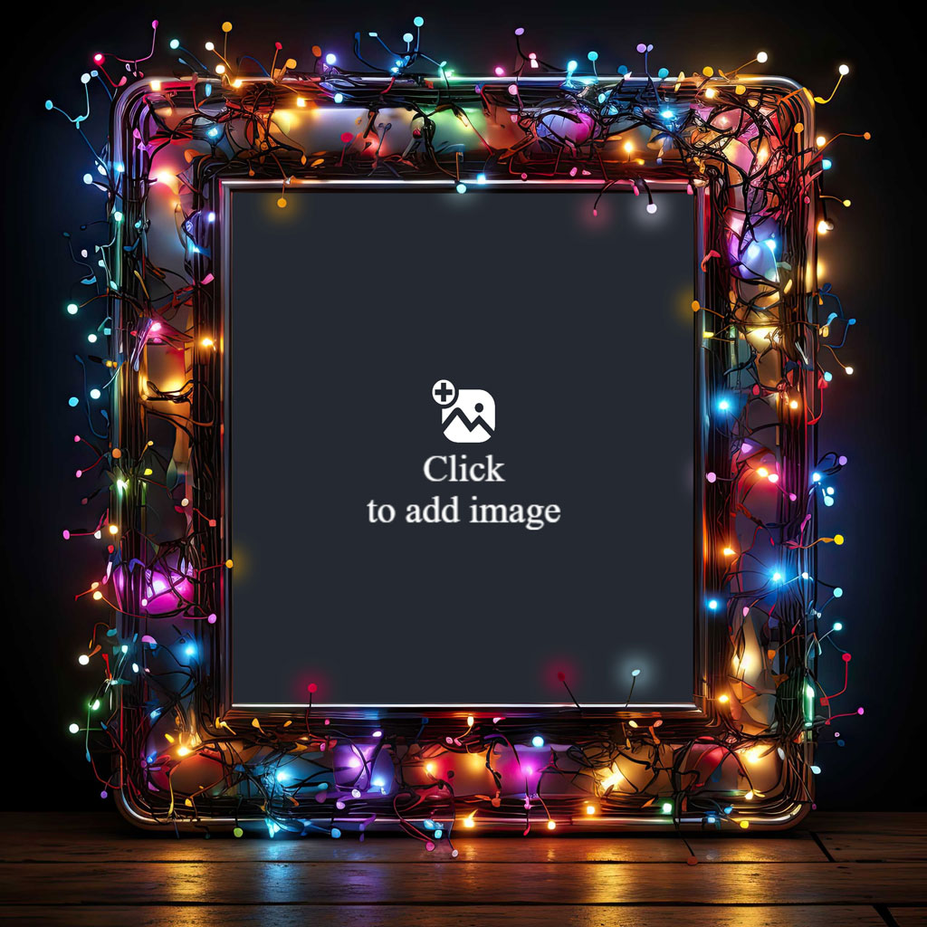 A family of four in a Christmas photo frame decorated with colorful lights