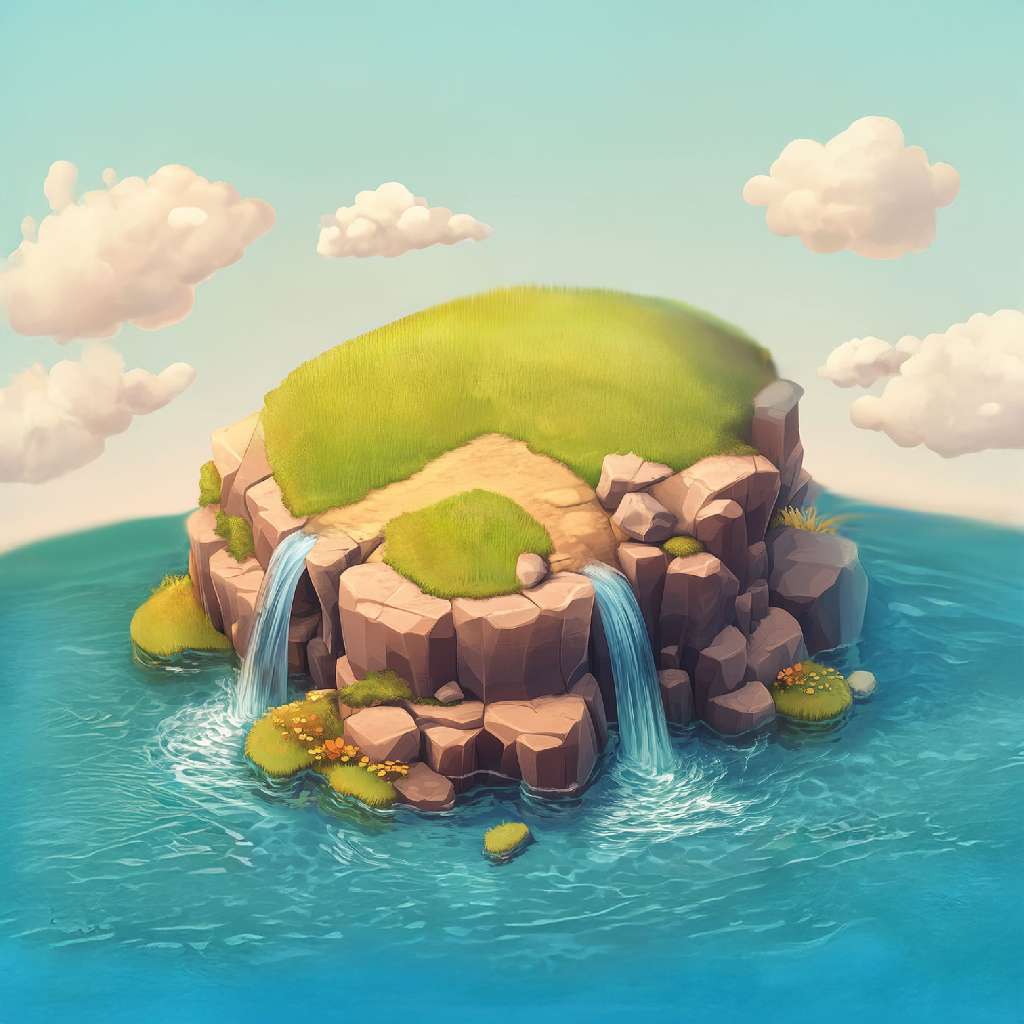 A cartoon island with green hills and waterfalls in the ocean