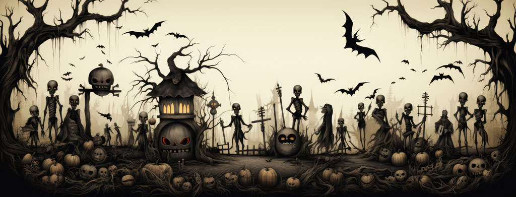 A spooky Halloween scene with skeletons, bats, and a creepy house surrounded by pumpkins and bare trees.
