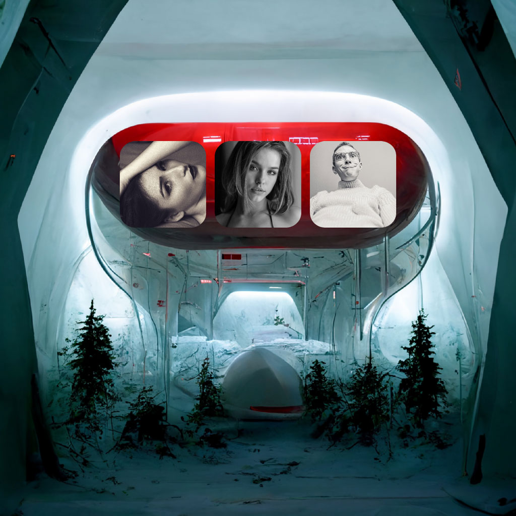 Futuristic igloo hotel interior with a red screen displaying three portraits