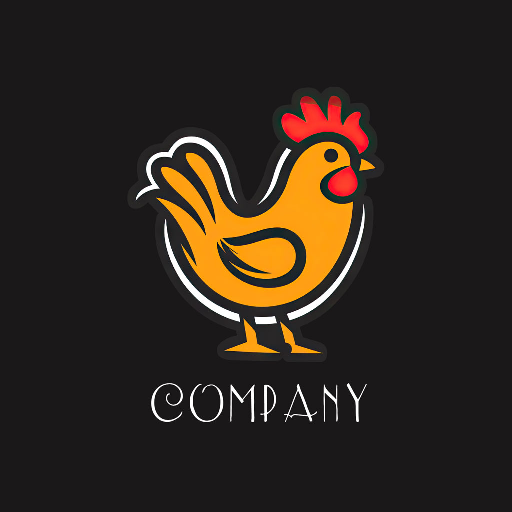 Cartoon chicken logo with red comb and yellow body