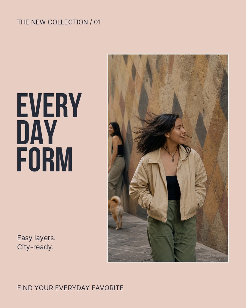 Portrait fashion post with a woman in a beige jacket standing against a textured wall beside bold title text.