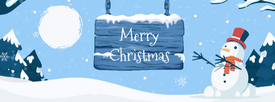 A cartoon snowman wearing a red hat and scarf stands next to a wooden sign that says 'Merry Christmas'.