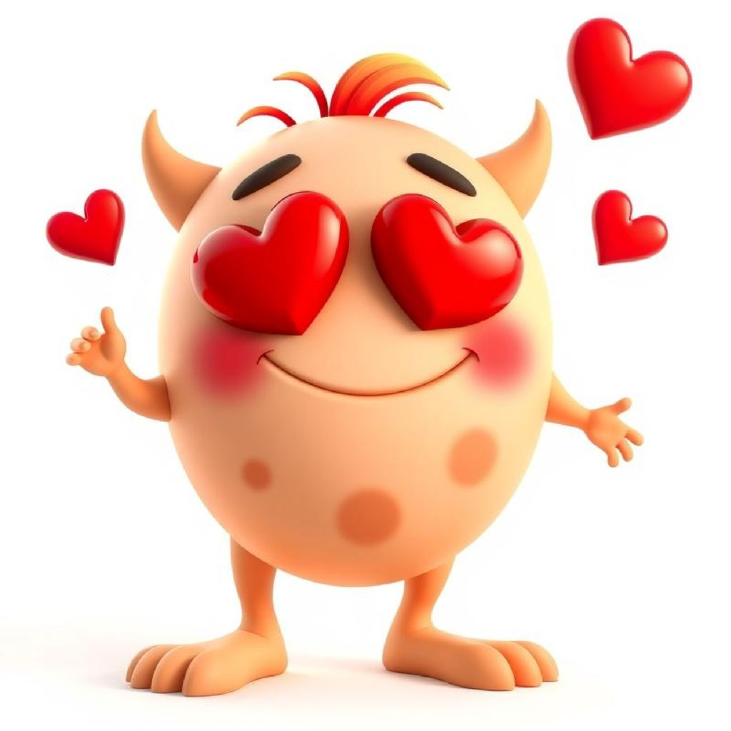 A cartoon character with hearts over its eyes and floating around it