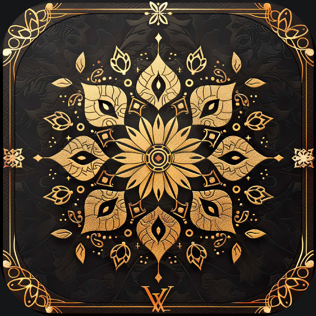 Gold floral design on a black background with intricate details