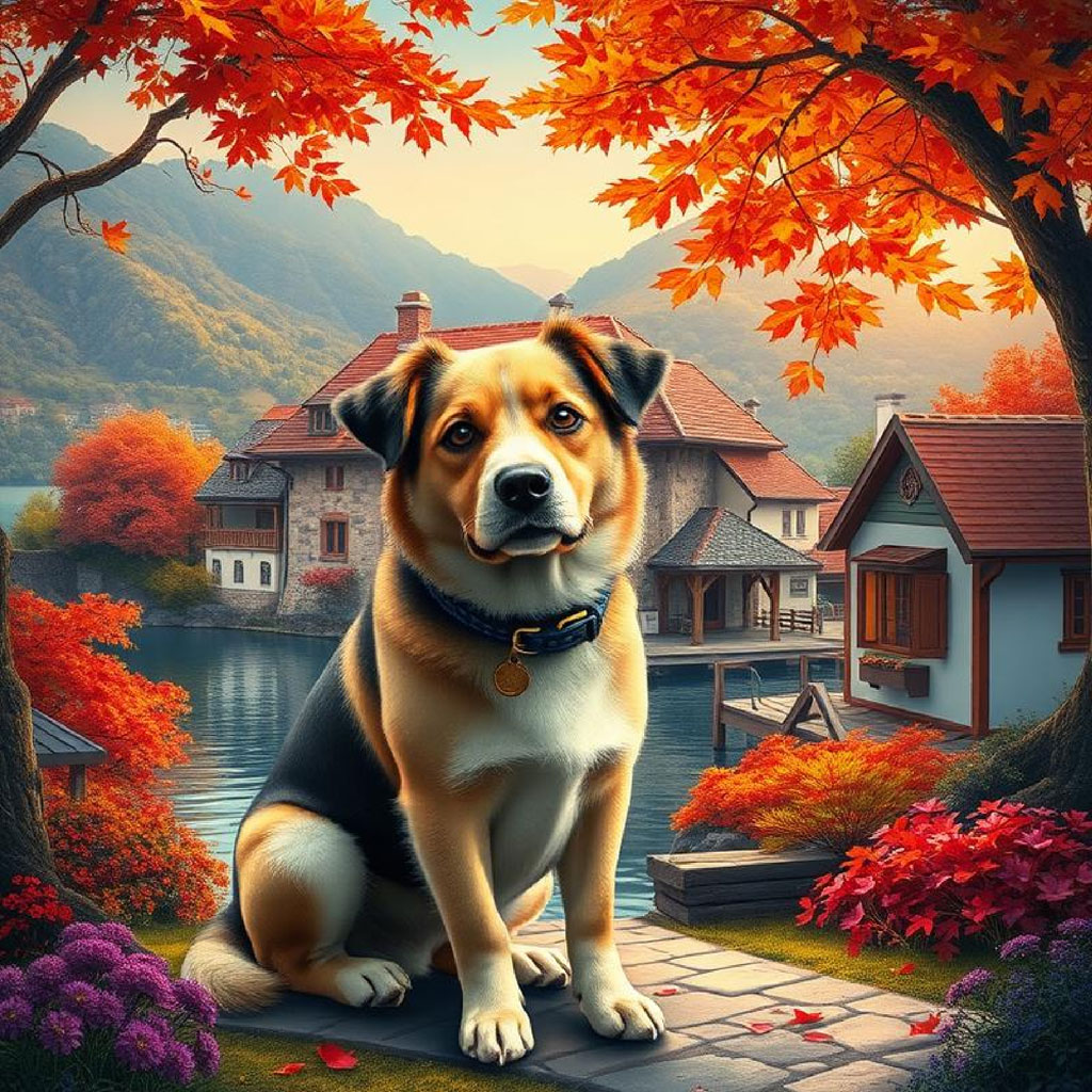 A quaint village on the edge of a lake, with colorful autumn trees and a church steeple rising above the houses.