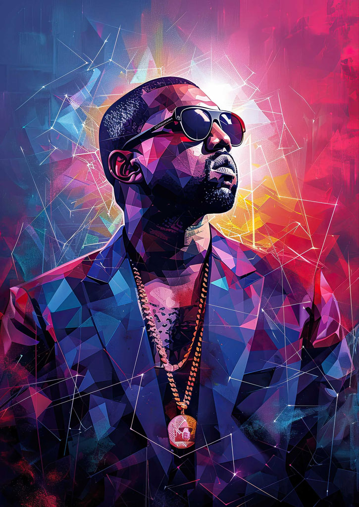 Geometric portrait of a man with sunglasses and gold chains against a colorful background