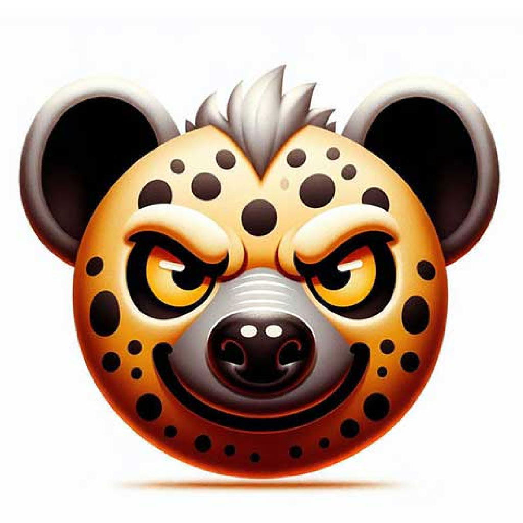 Cartoon hyena face with spotted fur and expressive eyes