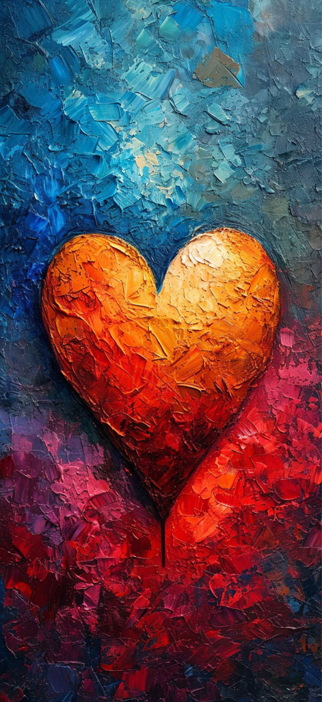 A heart-shaped artwork with a textured, orange-to-red gradient on a blue-to-red background.