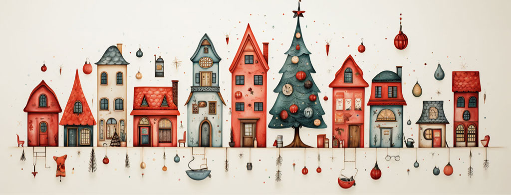 Illustration of a whimsical Christmas village with decorated houses and a tree