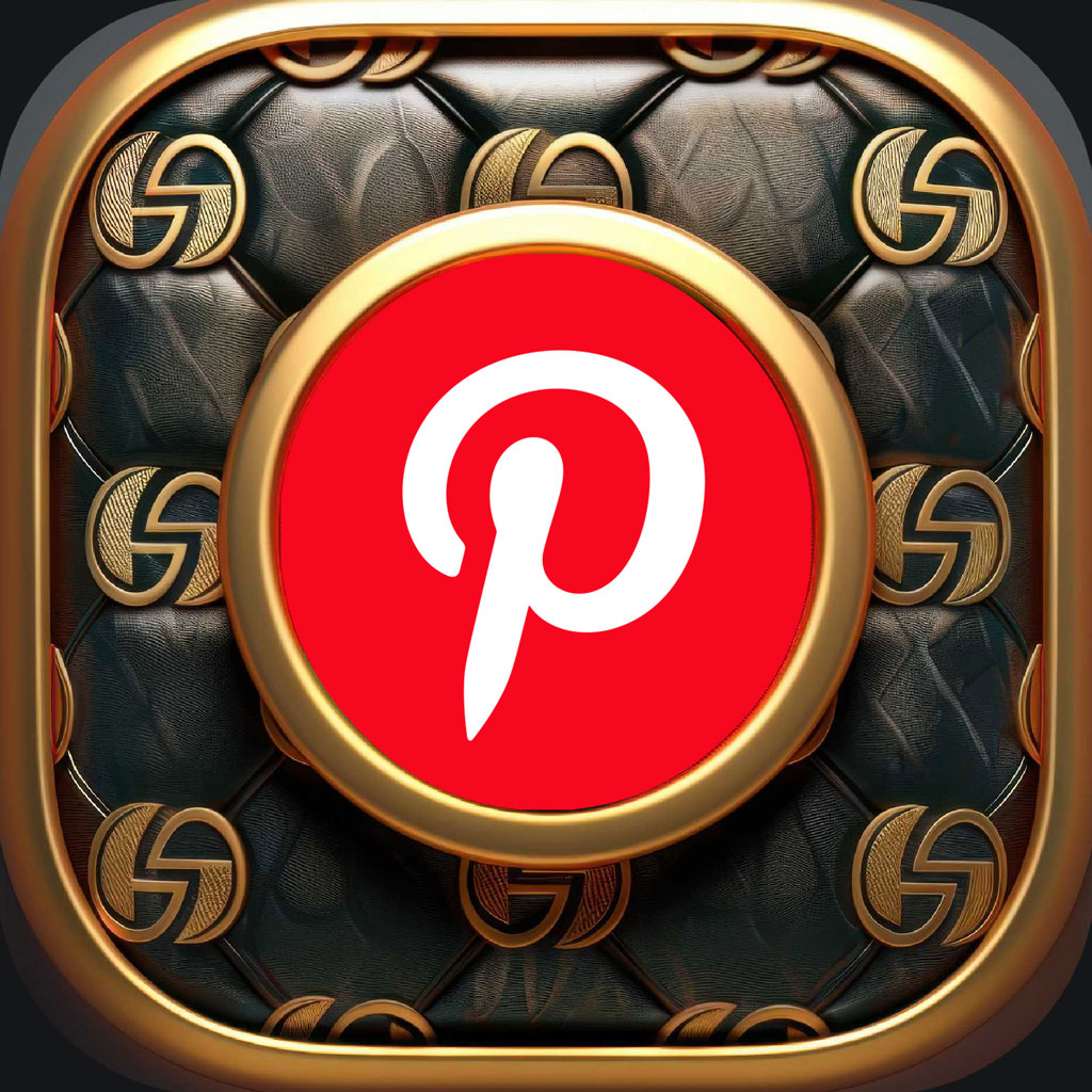 Pinterest logo on a luxurious black leather background with gold accents